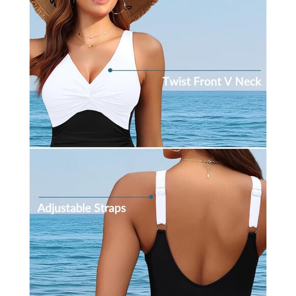 Holipick Women White Black Tummy Control One Piece Push Up Bathing Swimsuit - Picture 3 of 6